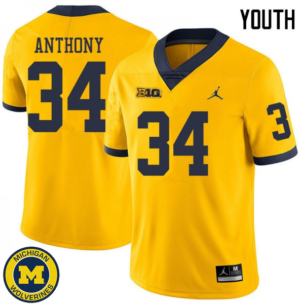 Youth University of Michigan #34 Jordan Anthony Yellow Jordan Brand Fashion Jersey